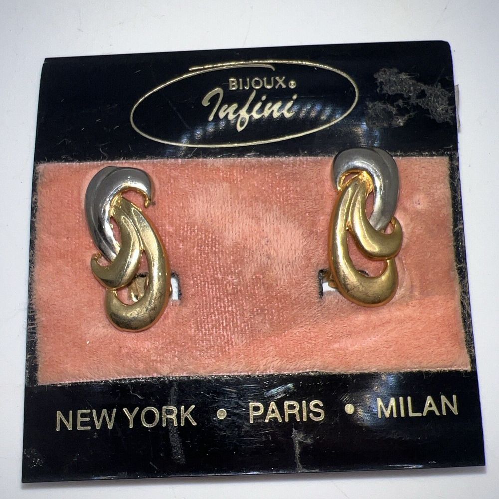 Vintage Bijoux Infini Clip On Earrings Silver Gold 2 Tone Costume Jewelry